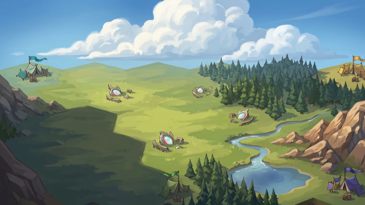A freshly fallen region of meadow and forest, four expedition camps flying their banners at its edges and cloudfall wreckage scattered through the grass