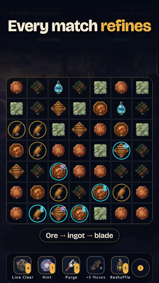 Every match refines: ore to ingot to blade.